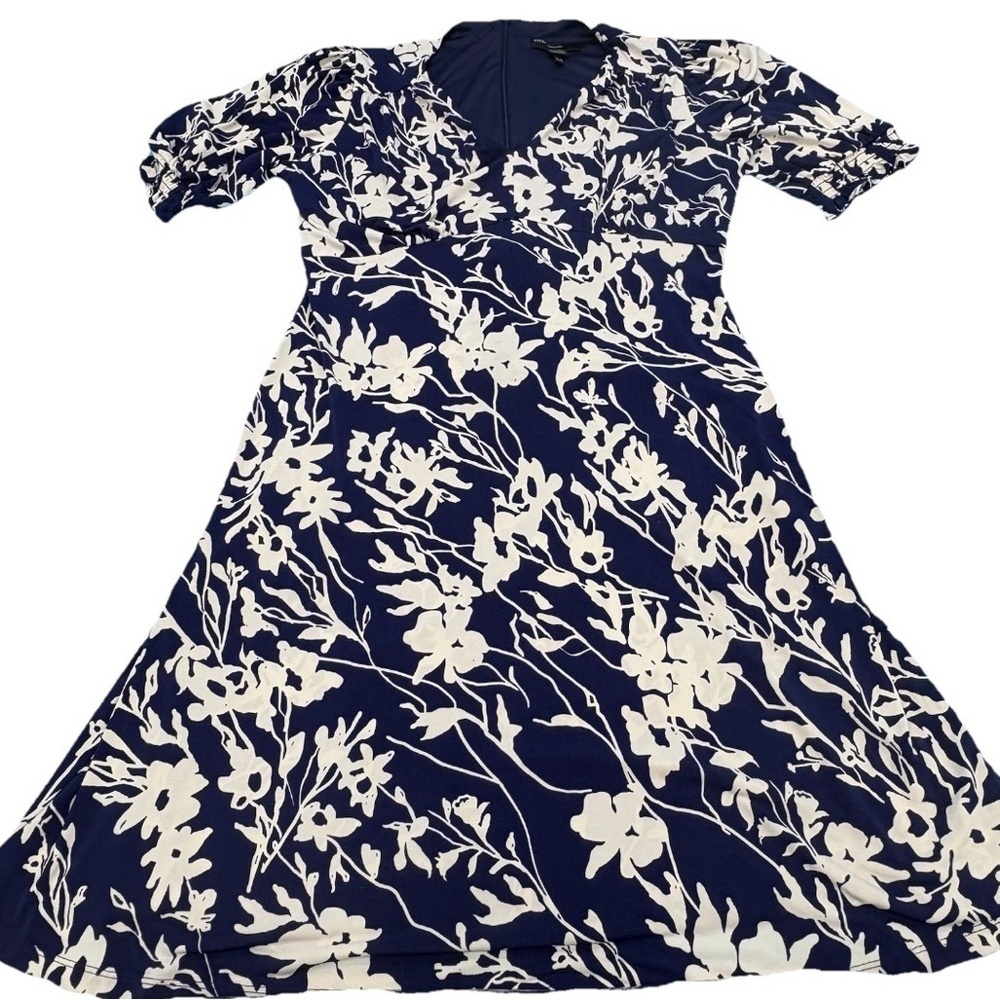 Maggy London Navy Blue & White Floral V-Neck Ruched Dress Empire Waist Size 12